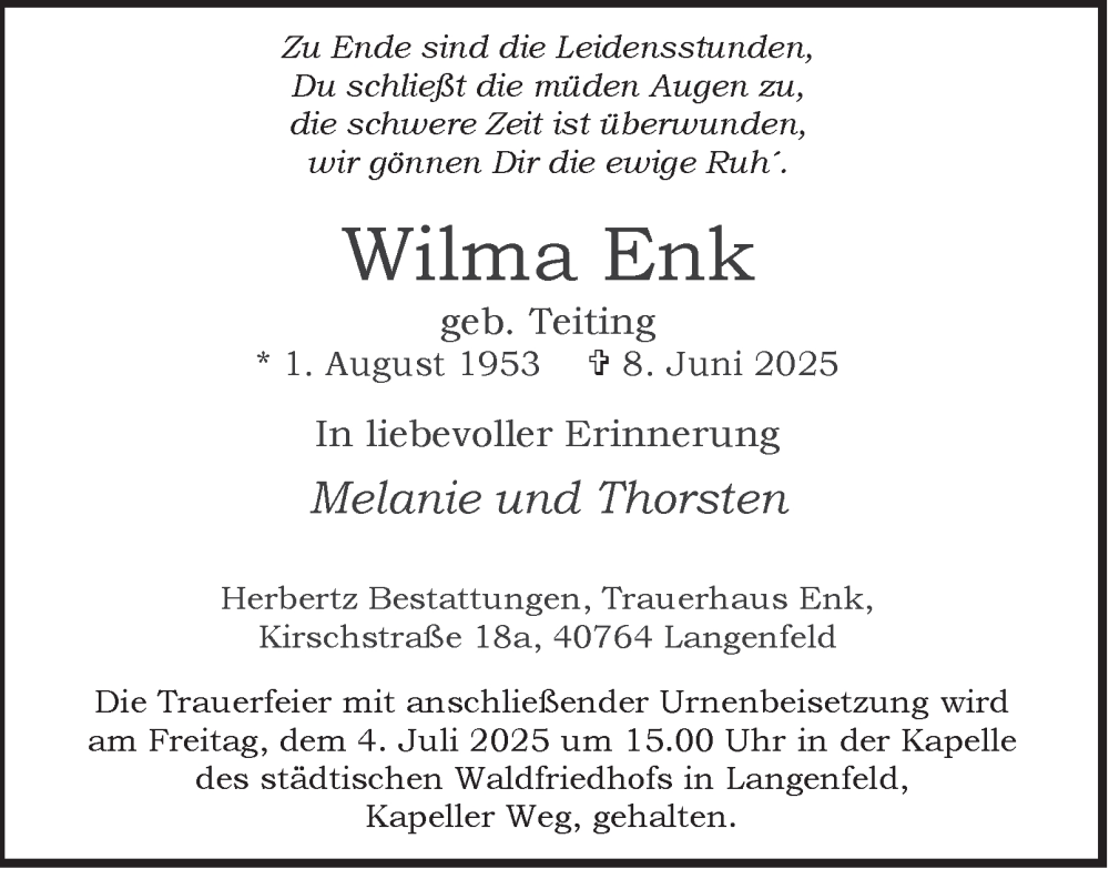  Traueranzeige für Wilma Enk vom 28.06.2025 aus Tageszeitung