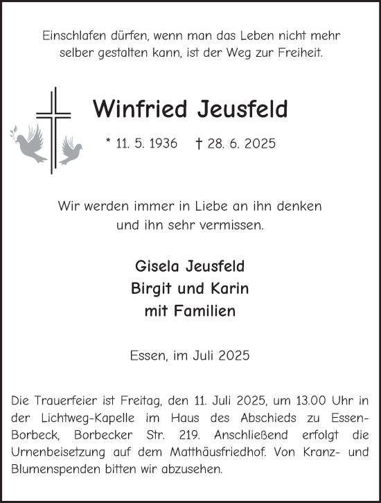 Traueranzeige von Winfried Jeusfeld von Tageszeitung