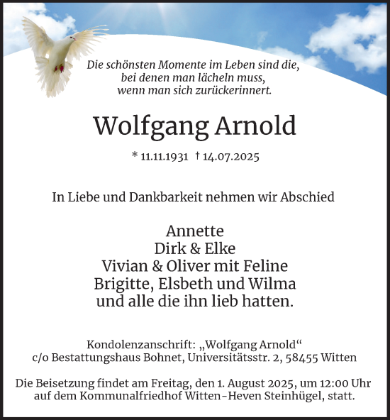 Traueranzeige von Wolfgang Arnold von Tageszeitung