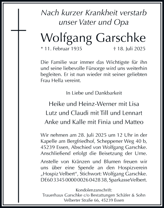 Traueranzeige von Wolfgang Garschke von Tageszeitung