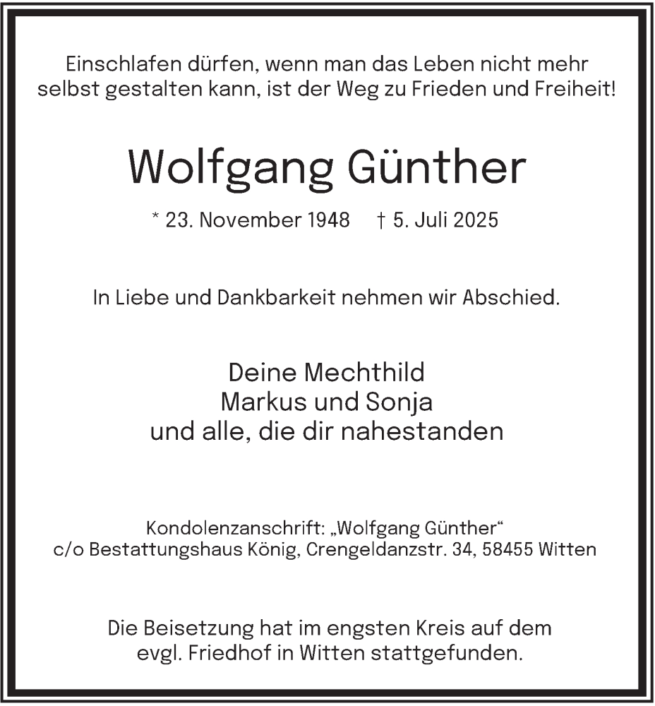  Traueranzeige für Wolfgang Günther vom 26.07.2025 aus Tageszeitung
