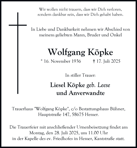 Traueranzeige von Wolfgang Köpke von Tageszeitung