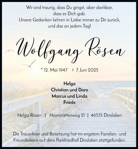 Traueranzeige von Wolfgang Rösen von Tageszeitung