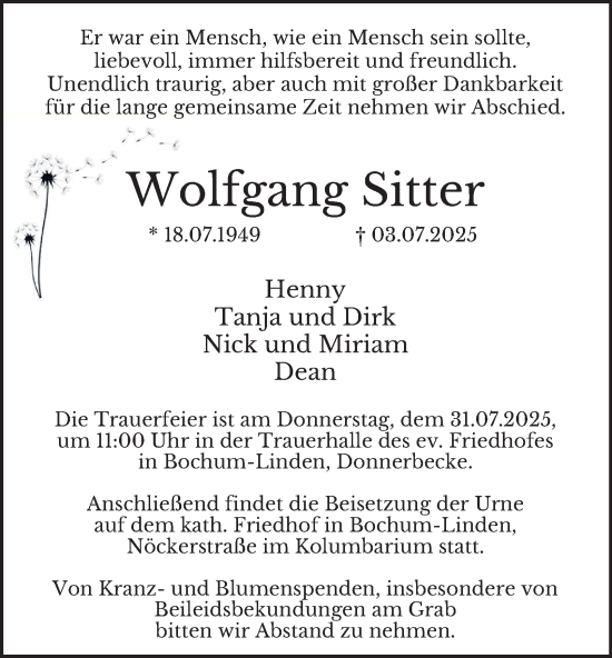 Traueranzeige von Wolfgang Sitter von Tageszeitung