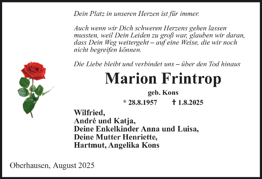  Traueranzeige für Marion Frintrop vom 16.08.2025 aus FUNKE Medien NRW GmbH