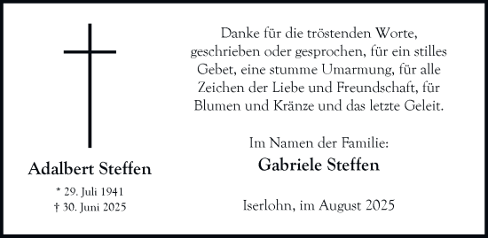 Traueranzeige von Adalbert Steffen von Tageszeitung