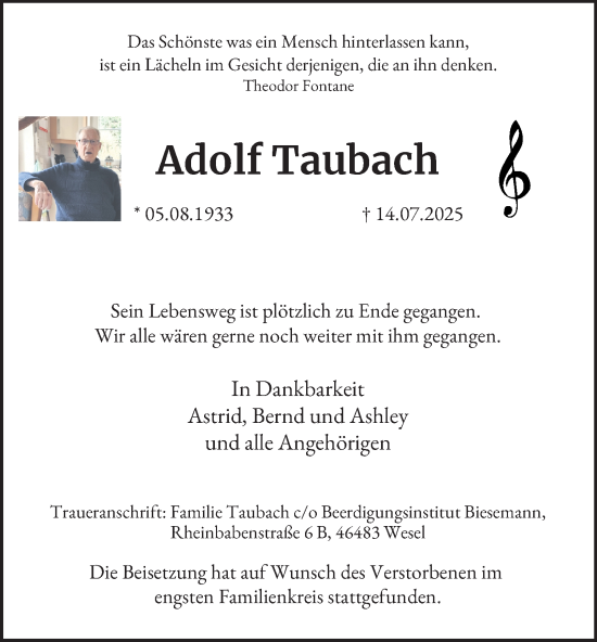 Traueranzeige von Adolf Taubach von Tageszeitung