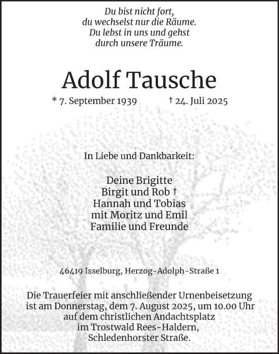 Traueranzeige von Adolf Tausche von Tageszeitung