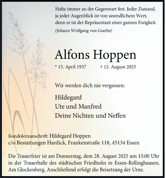 Traueranzeige von Alfons Hoppen von Tageszeitung
