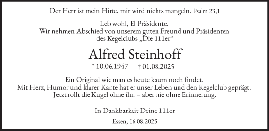 Traueranzeige von Alfred Steinhoff von Tageszeitung