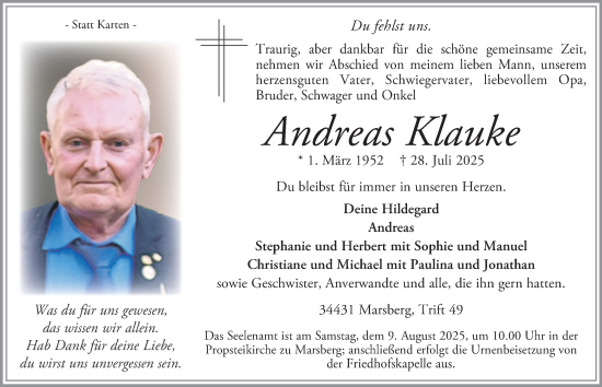 Traueranzeige von Andreas Klauke von Tageszeitung