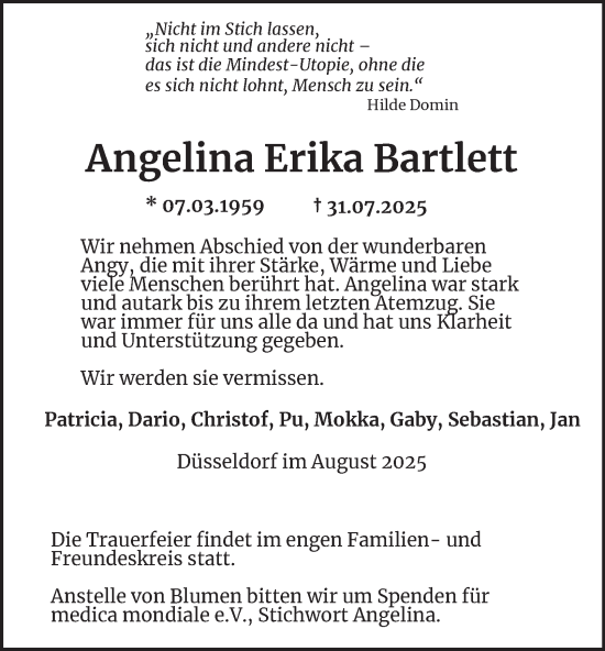 Traueranzeige von Angelina Erika Bartlett von Tageszeitung