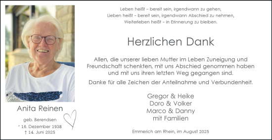 Traueranzeige von Anita Reinen von Tageszeitung