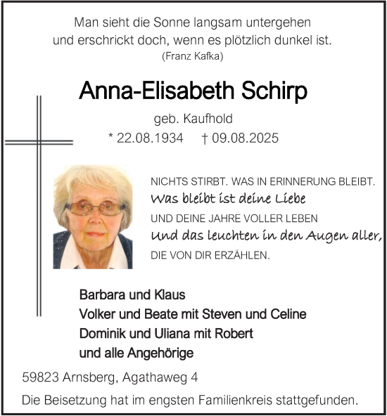 Traueranzeige von Anna-Elisabeth Schirp von Tageszeitung