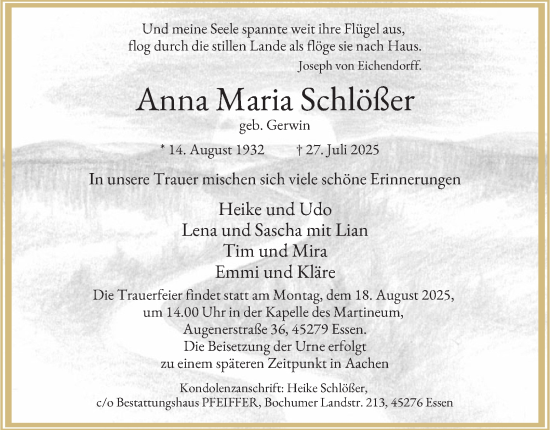 Traueranzeige von Anna Maria Schlößer von Tageszeitung