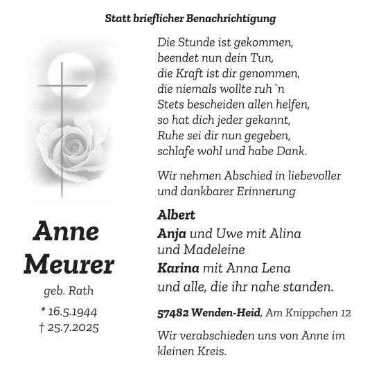 Traueranzeige von Anne Meurer von Tageszeitung