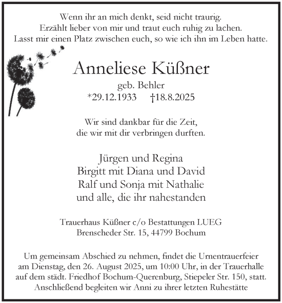 Traueranzeige von Anneliese Küßner von Tageszeitung