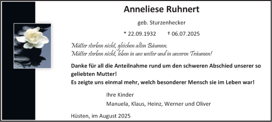 Traueranzeige von Anneliese Ruhnert von Tageszeitung