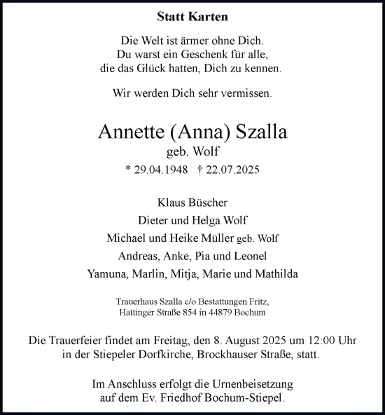 Traueranzeige von Annette Szalla von Tageszeitung