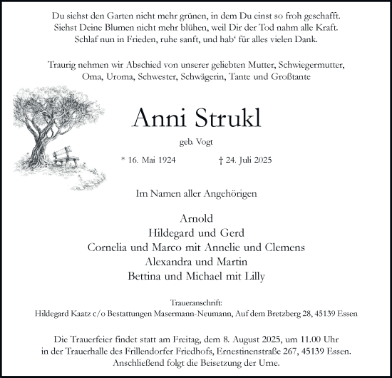Traueranzeige von Anni Strukl von Tageszeitung