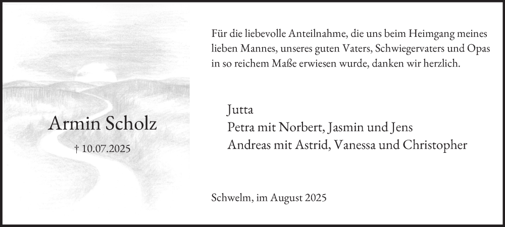 Traueranzeige für Armin Scholz vom 16.08.2025 aus Tageszeitung