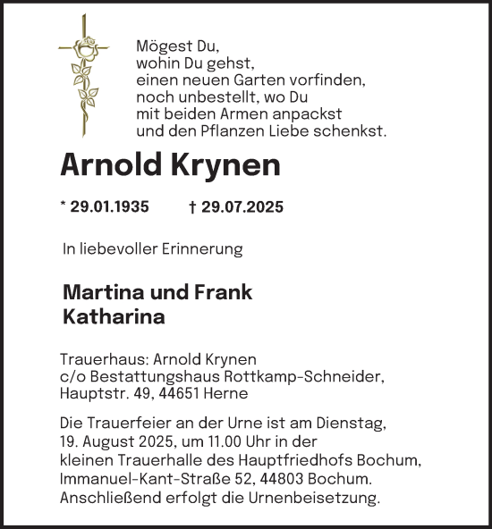 Traueranzeige von Arnold Krynen von Tageszeitung