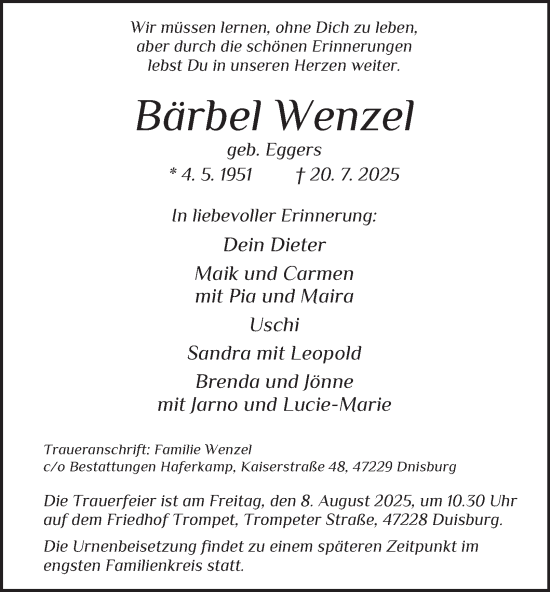 Traueranzeige von Bärbel Wenzel von Tageszeitung