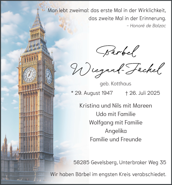 Traueranzeige von Bärbel Wiegand-Jäckel von Tageszeitung