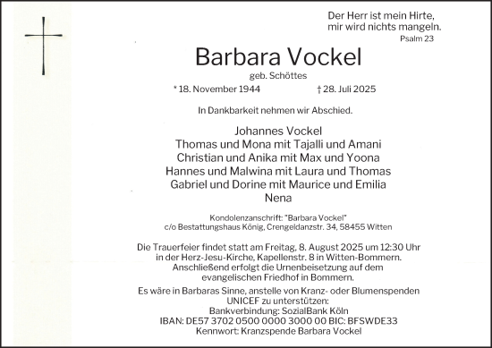 Traueranzeige von Barbara Vockel von Tageszeitung