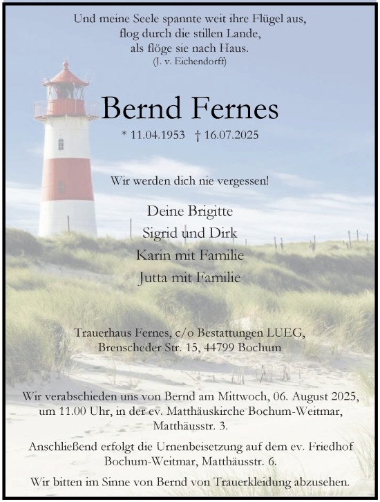Traueranzeige von Bernd Fernes von Tageszeitung