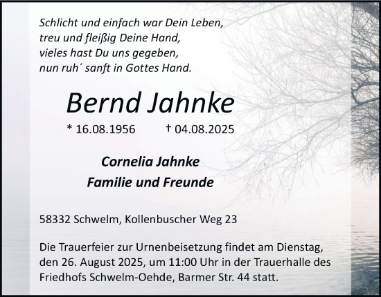 Traueranzeige von Bernd Jahnke von Tageszeitung