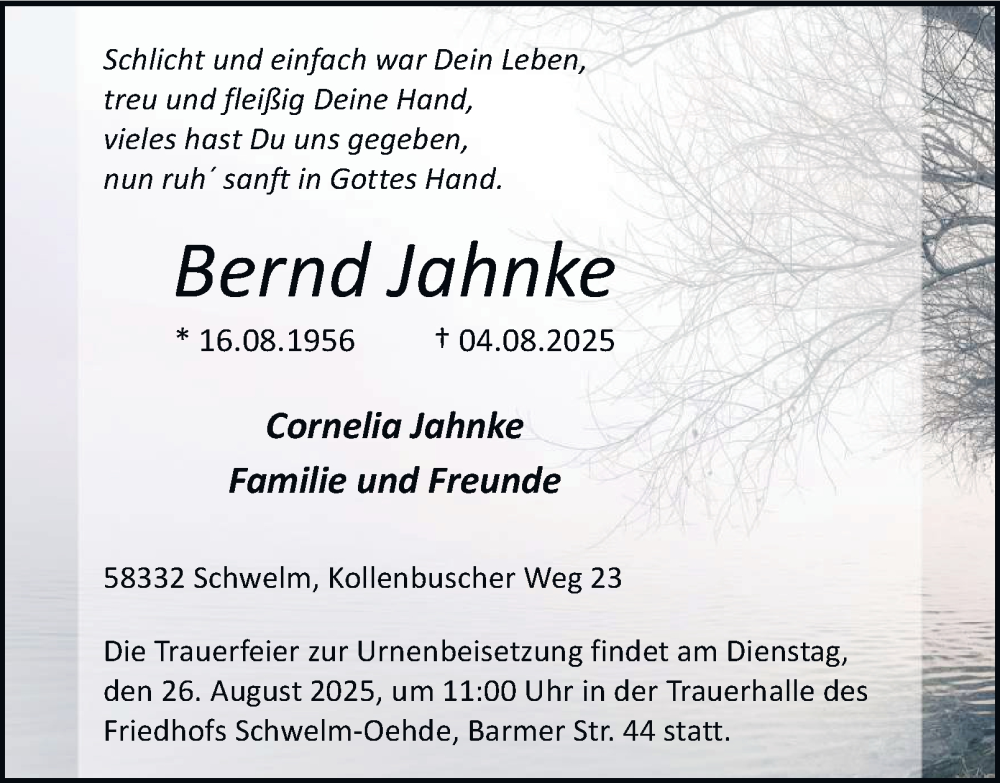  Traueranzeige für Bernd Jahnke vom 23.08.2025 aus Tageszeitung