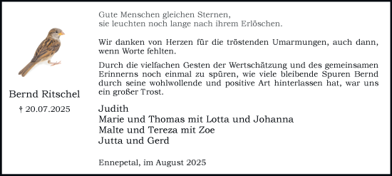 Traueranzeige von Bernd Ritschel von Tageszeitung