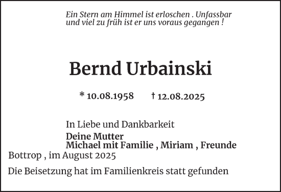 Traueranzeige von Bernd Urbainski von Tageszeitung
