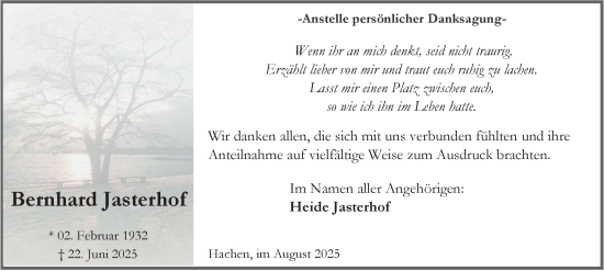 Traueranzeige von Bernhard Jasterhof von Tageszeitung