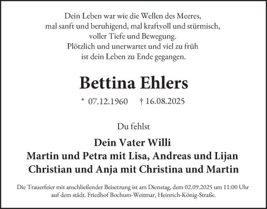 Traueranzeige von Bettina Ehlers von Tageszeitung