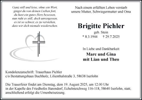 Traueranzeige von Brigitte Pichler von Tageszeitung