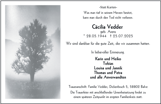Traueranzeige von Cäcilia Vedder von Tageszeitung