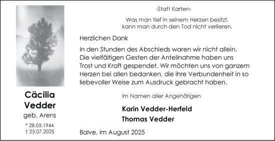 Traueranzeige von Cäcilia Vedder von Tageszeitung