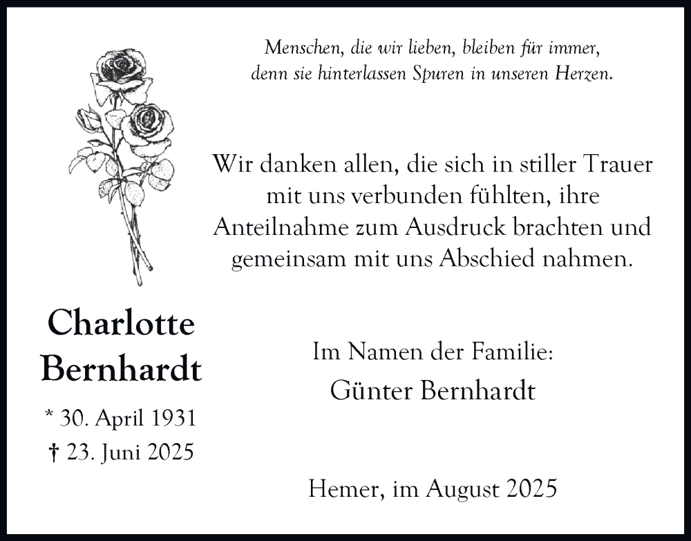  Traueranzeige für Charlotte Bernhardt vom 09.08.2025 aus Tageszeitung