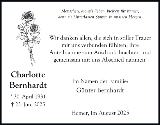 Traueranzeige von Charlotte Bernhardt von Tageszeitung
