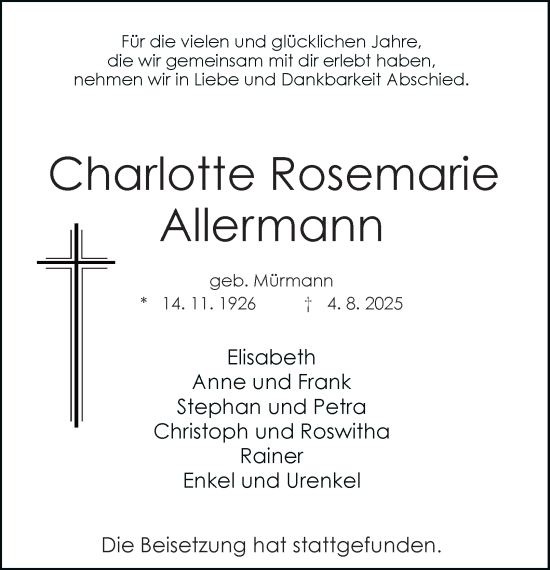 Traueranzeige von Charlotte Rosemarie Allermann von Tageszeitung