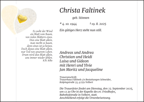 Traueranzeige von Christa Faltinek von Tageszeitung