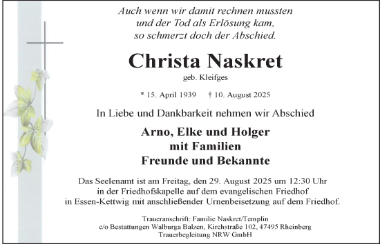 Traueranzeige von Christa Naskret von Tageszeitung
