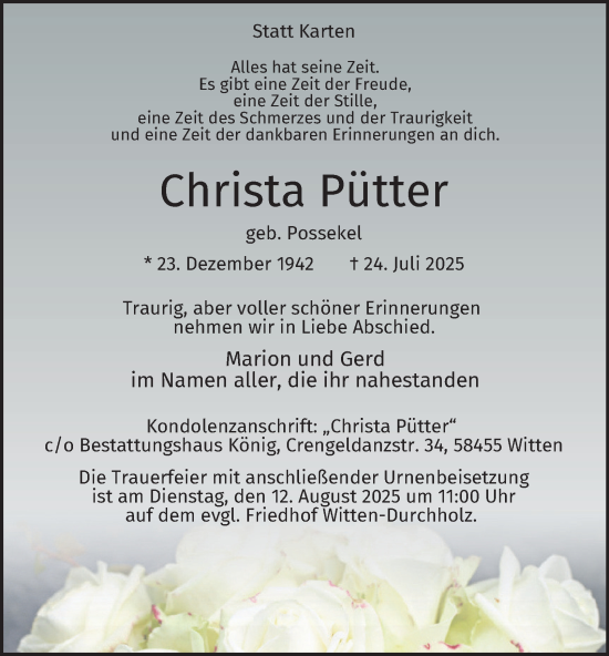 Traueranzeige von Christa Pütter von Tageszeitung