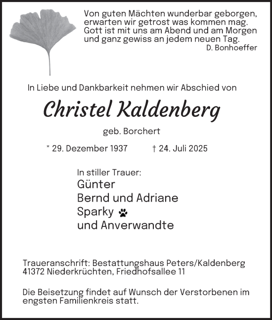 Traueranzeige von Christel Kaldenberg von Tageszeitung