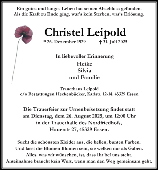 Traueranzeige von Christel Leipold von Tageszeitung