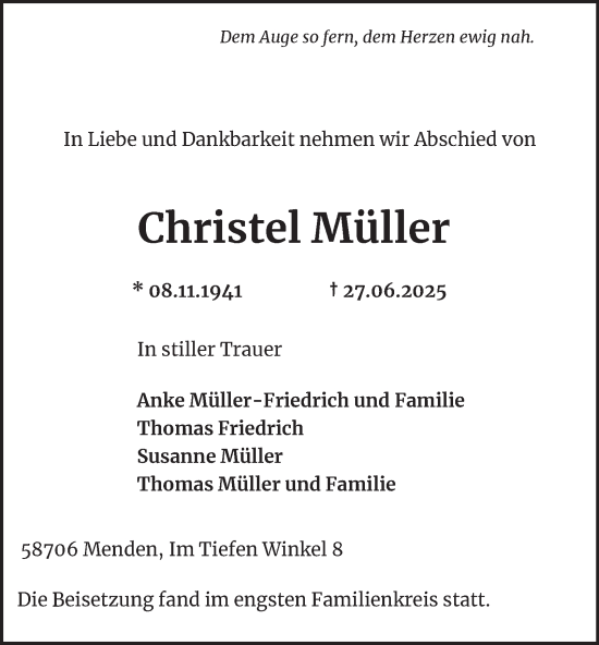 Traueranzeige von Christel Müller von Tageszeitung