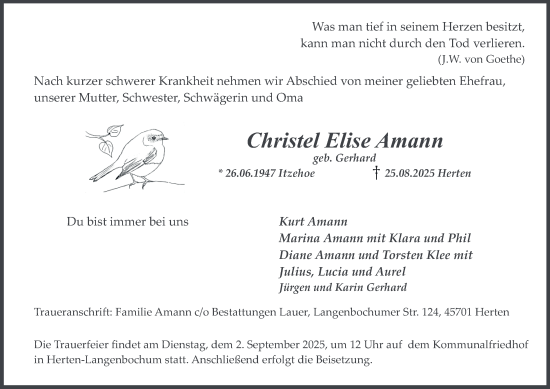 Traueranzeige von Christel Elise Amann von Tageszeitung