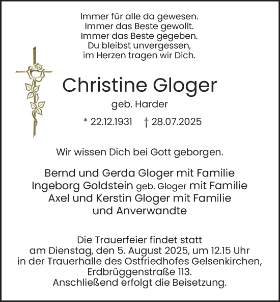 Traueranzeige von Christine Gloger von Tageszeitung